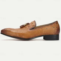 Men's Tan Crocodile Embossed Leather Loafers with Tassel Detail – Premium Cowhide Formal & Casual Dress Shoes