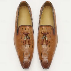 Men's Tan Crocodile Embossed Leather Loafers with Tassel Detail – Premium Cowhide Formal & Casual Dress Shoes
