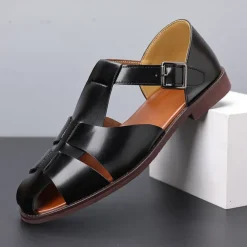 Men's Tan Faux Leather Open-Toe Sandals with Adjustable Buckle Strap, Casual Style for Everyday Wear