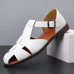 Men's Tan Faux Leather Open-Toe Sandals with Adjustable Buckle Strap, Casual Style for Everyday Wear