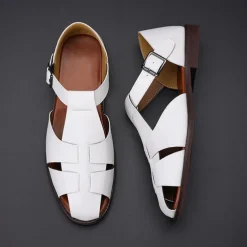 Men's Tan Faux Leather Open-Toe Sandals with Adjustable Buckle Strap, Casual Style for Everyday Wear