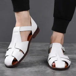 Men's Tan Faux Leather Open-Toe Sandals with Adjustable Buckle Strap, Casual Style for Everyday Wear