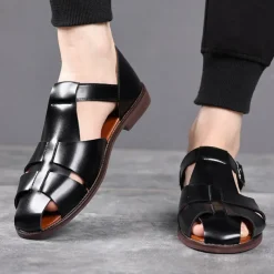 Men's Tan Faux Leather Open-Toe Sandals with Adjustable Buckle Strap, Casual Style for Everyday Wear