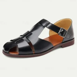 Men's Tan Faux Leather Open-Toe Sandals with Adjustable Buckle Strap, Casual Style for Everyday Wear