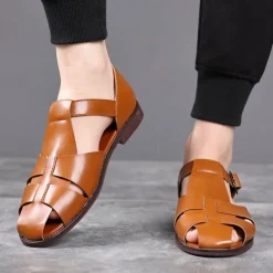 Men's Tan Faux Leather Open-Toe Sandals with Adjustable Buckle Strap, Casual Style for Everyday Wear