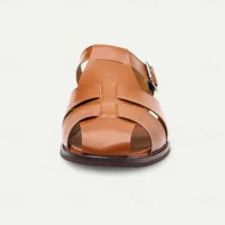 Men's Tan Faux Leather Open-Toe Sandals with Adjustable Buckle Strap, Casual Style for Everyday Wear