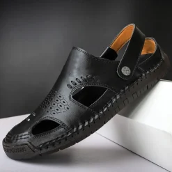 Men's Tan Faux Leather Outdoor Sandals with Adjustable Strap, Breathable Design, and Cushioned Sole for Comfort and Durability - Ideal for Summer Activities