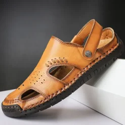 Men's Tan Faux Leather Outdoor Sandals with Adjustable Strap, Breathable Design, and Cushioned Sole for Comfort and Durability - Ideal for Summer Activities