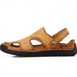 Men's Tan Faux Leather Outdoor Sandals with Adjustable Strap, Breathable Design, and Cushioned Sole for Comfort and Durability - Ideal for Summer Activities