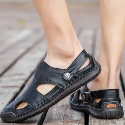 Men's Tan Faux Leather Outdoor Sandals with Adjustable Strap, Breathable Design, and Cushioned Sole for Comfort and Durability - Ideal for Summer Activities