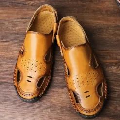 Men's Tan Faux Leather Outdoor Sandals with Adjustable Strap, Breathable Design, and Cushioned Sole for Comfort and Durability - Ideal for Summer Activities