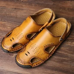 Men's Tan Faux Leather Outdoor Sandals with Adjustable Strap, Breathable Design, and Cushioned Sole for Comfort and Durability - Ideal for Summer Activities