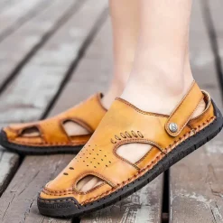 Men's Tan Faux Leather Outdoor Sandals with Adjustable Strap, Breathable Design, and Cushioned Sole for Comfort and Durability - Ideal for Summer Activities