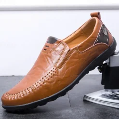 Men's Tan Faux Leather Slip-On Loafers with Hand-Stitched Detailing – Comfortable Casual Shoes for Work, Travel, and Everyday Wear