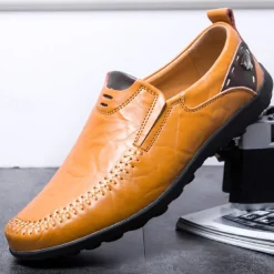 Men's Tan Faux Leather Slip-On Loafers with Hand-Stitched Detailing – Comfortable Casual Shoes for Work, Travel, and Everyday Wear