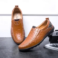 Men's Tan Faux Leather Slip-On Loafers with Hand-Stitched Detailing – Comfortable Casual Shoes for Work, Travel, and Everyday Wear