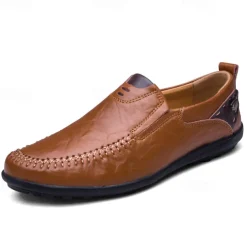Men's Tan Faux Leather Slip-On Loafers with Hand-Stitched Detailing – Comfortable Casual Shoes for Work, Travel, and Everyday Wear