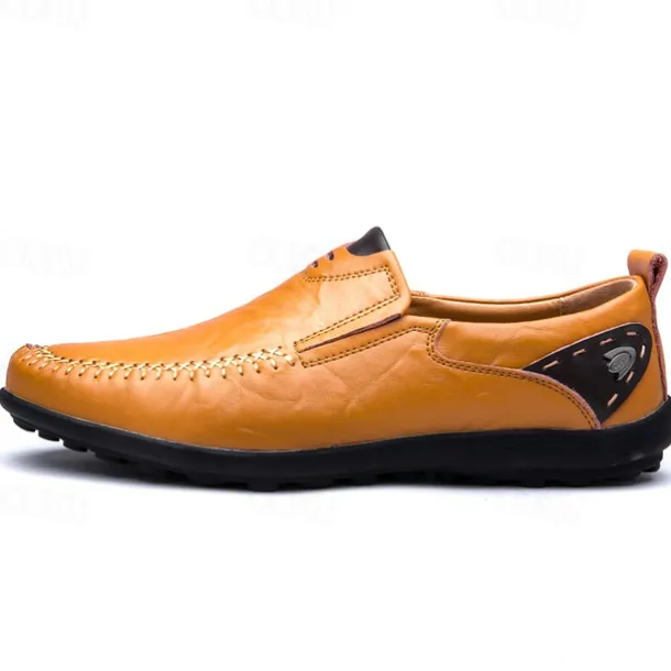 Men's Tan Faux Leather Slip-On Loafers with Hand-Stitched Detailing – Comfortable Casual Shoes for Work, Travel, and Everyday Wear