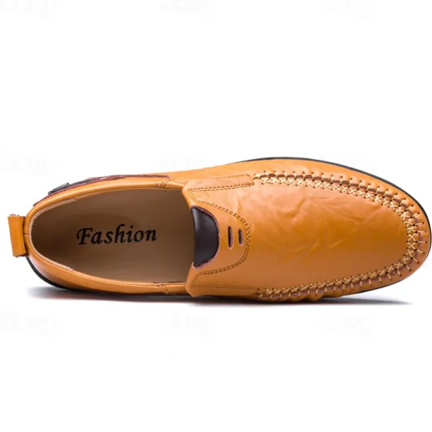 Men's Tan Faux Leather Slip-On Loafers with Hand-Stitched Detailing – Comfortable Casual Shoes for Work, Travel, and Everyday Wear