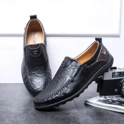 Men's Tan Faux Leather Slip-On Loafers with Hand-Stitched Detailing – Comfortable Casual Shoes for Work, Travel, and Everyday Wear