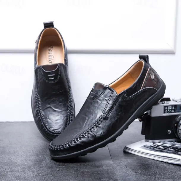 Men's Tan Faux Leather Slip-On Loafers with Hand-Stitched Detailing – Comfortable Casual Shoes for Work, Travel, and Everyday Wear