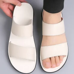 Men's Tan Faux Leather Slide Sandals – Minimalist Double Strap Design, Lightweight and Comfortable Summer Footwear for Beach and Casual Wear