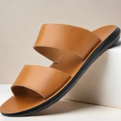 Men's Tan Faux Leather Slide Sandals – Minimalist Double Strap Design, Lightweight and Comfortable Summer Footwear for Beach and Casual Wear