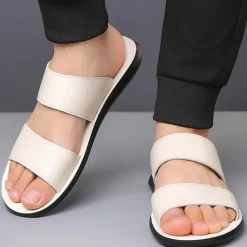 Men's Tan Faux Leather Slide Sandals – Minimalist Double Strap Design, Lightweight and Comfortable Summer Footwear for Beach and Casual Wear