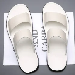 Men's Tan Faux Leather Slide Sandals – Minimalist Double Strap Design, Lightweight and Comfortable Summer Footwear for Beach and Casual Wear