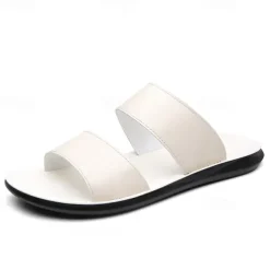 Men's Tan Faux Leather Slide Sandals – Minimalist Double Strap Design, Lightweight and Comfortable Summer Footwear for Beach and Casual Wear