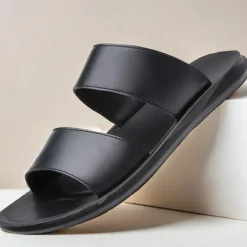 Men's Tan Faux Leather Slide Sandals – Minimalist Double Strap Design, Lightweight and Comfortable Summer Footwear for Beach and Casual Wear