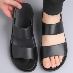 Men's Tan Faux Leather Slide Sandals – Minimalist Double Strap Design, Lightweight and Comfortable Summer Footwear for Beach and Casual Wear