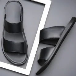 Men's Tan Faux Leather Slide Sandals – Minimalist Double Strap Design, Lightweight and Comfortable Summer Footwear for Beach and Casual Wear