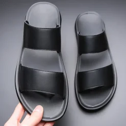 Men's Tan Faux Leather Slide Sandals – Minimalist Double Strap Design, Lightweight and Comfortable Summer Footwear for Beach and Casual Wear