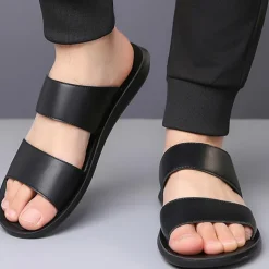 Men's Tan Faux Leather Slide Sandals – Minimalist Double Strap Design, Lightweight and Comfortable Summer Footwear for Beach and Casual Wear