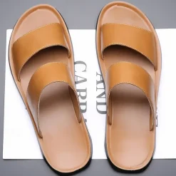 Men's Tan Faux Leather Slide Sandals – Minimalist Double Strap Design, Lightweight and Comfortable Summer Footwear for Beach and Casual Wear