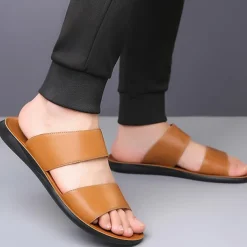 Men's Tan Faux Leather Slide Sandals – Minimalist Double Strap Design, Lightweight and Comfortable Summer Footwear for Beach and Casual Wear