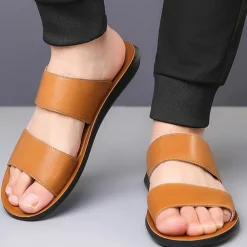 Men's Tan Faux Leather Slide Sandals – Minimalist Double Strap Design, Lightweight and Comfortable Summer Footwear for Beach and Casual Wear