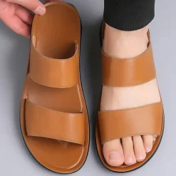 Men's Tan Faux Leather Slide Sandals – Minimalist Double Strap Design, Lightweight and Comfortable Summer Footwear for Beach and Casual Wear