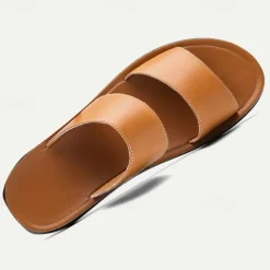 Men's Tan Faux Leather Slide Sandals – Minimalist Double Strap Design, Lightweight and Comfortable Summer Footwear for Beach and Casual Wear