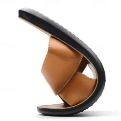 Men's Tan Faux Leather Slide Sandals – Minimalist Double Strap Design, Lightweight and Comfortable Summer Footwear for Beach and Casual Wear