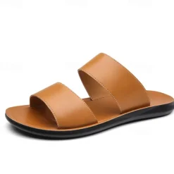 Men's Tan Faux Leather Slide Sandals – Minimalist Double Strap Design, Lightweight and Comfortable Summer Footwear for Beach and Casual Wear