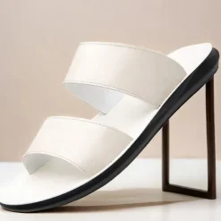 Men's Tan Faux Leather Slide Sandals – Minimalist Double Strap Design, Lightweight and Comfortable Summer Footwear for Beach and Casual Wear