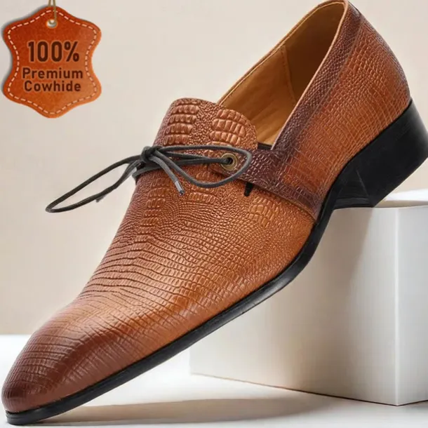 Men's Tan Genuine Leather Oxford Shoes – Vintage Crocodile Pattern Lace-Up Dress Shoes for Kentucky Derby & Special Occasions