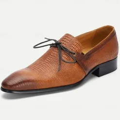 Men's Tan Genuine Leather Oxford Shoes – Vintage Crocodile Pattern Lace-Up Dress Shoes for Kentucky Derby & Special Occasions