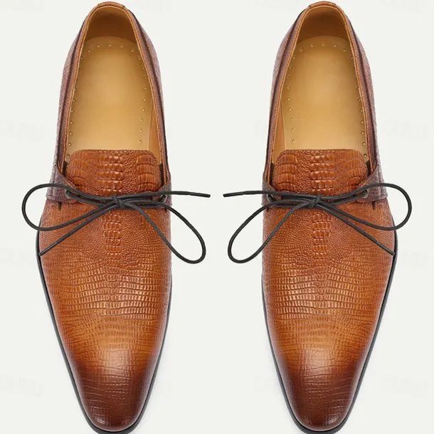 Men's Tan Genuine Leather Oxford Shoes – Vintage Crocodile Pattern Lace-Up Dress Shoes for Kentucky Derby & Special Occasions
