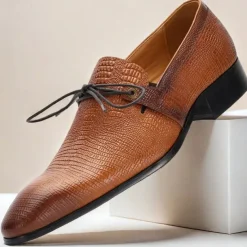 Men's Tan Genuine Leather Oxford Shoes – Vintage Crocodile Pattern Lace-Up Dress Shoes for Kentucky Derby & Special Occasions