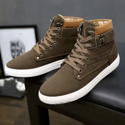 Men's Tan High-Top Sneakers with Lace-Up Design and Buckle Detail for Casual and Streetwear