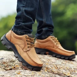 Men's Tan Lace-Up Sneakers with Traction Rubber Outsoles - Comfortable and Breathable for Outdoor Adventures and Casual Day Wear
