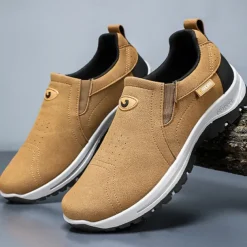 Men's Tan Slip-On Hiking Shoes - Lightweight Outdoor Walking Sneakers with Non-Slip Sole for Trekking and Daily Wear